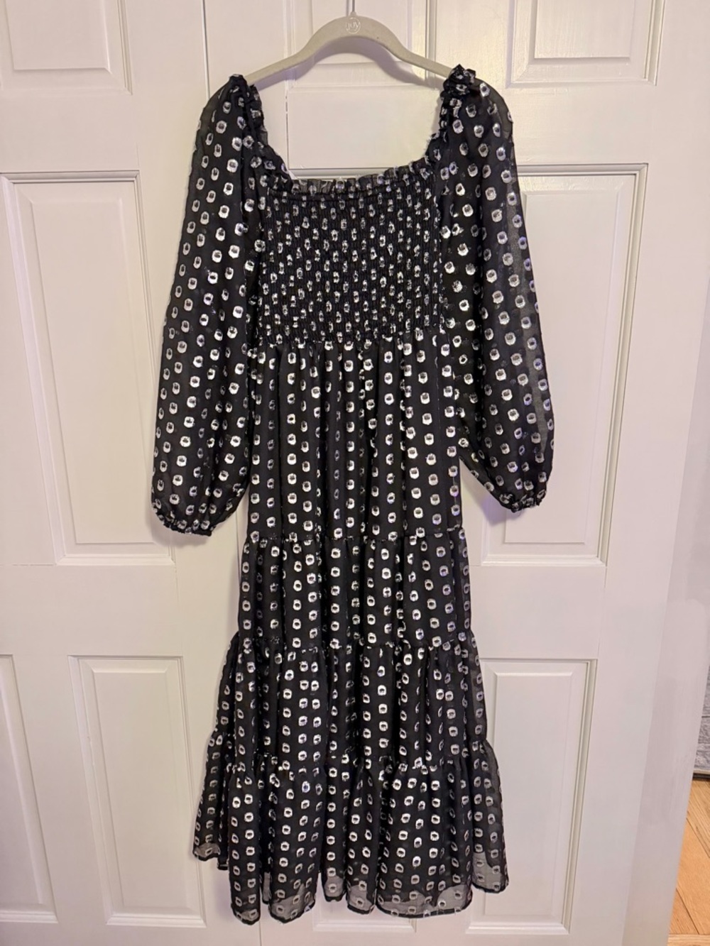 A Loves A Midi Dress L NWT Black Silver Shimmer Smocked Puff Sleeve Tiered